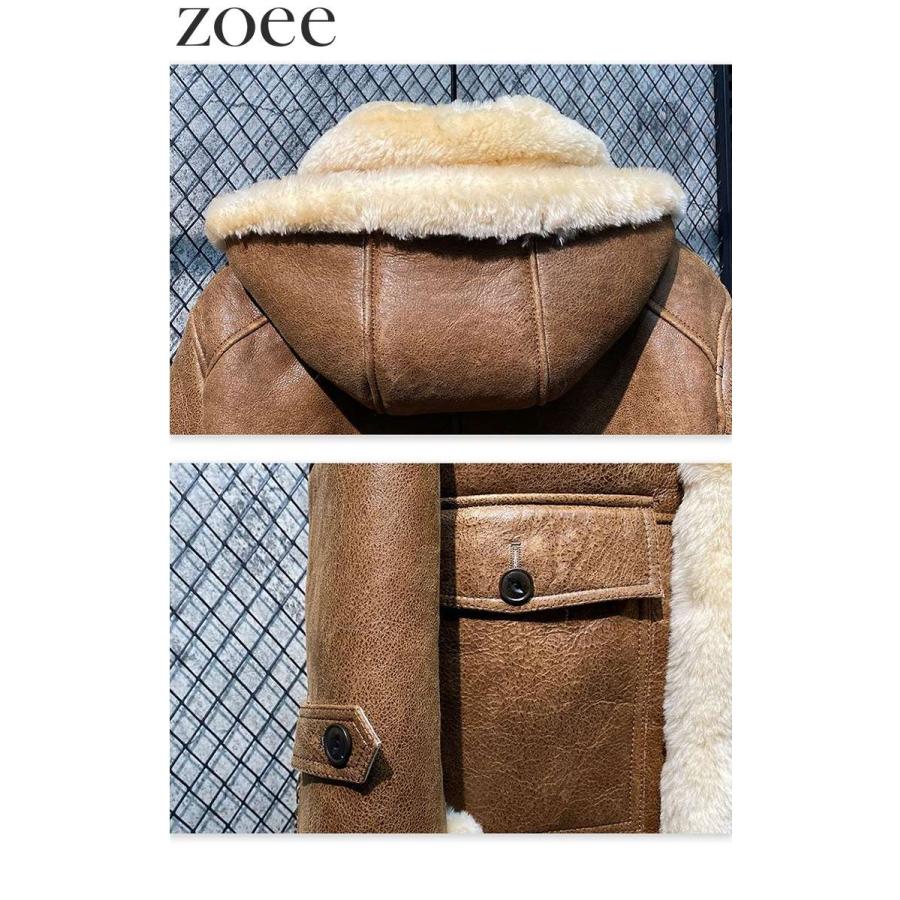 Wフェイスラムムートンコート メンズ 秋冬 アウター フード付き ラムレザー 本革 ブラウン M/L/2L/3L/4L/5L i4a06の画像