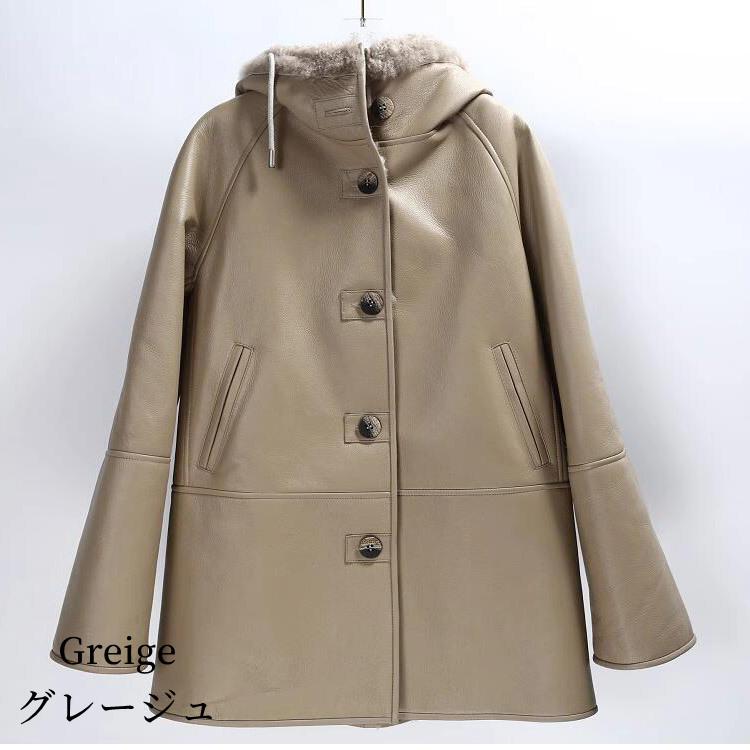ラムムートン ラムレザー ジャケット コート フードあり レディース 冬 アウター ムートン レザー 毛皮 ブラウン/グレージュ S/M k1a16の画像