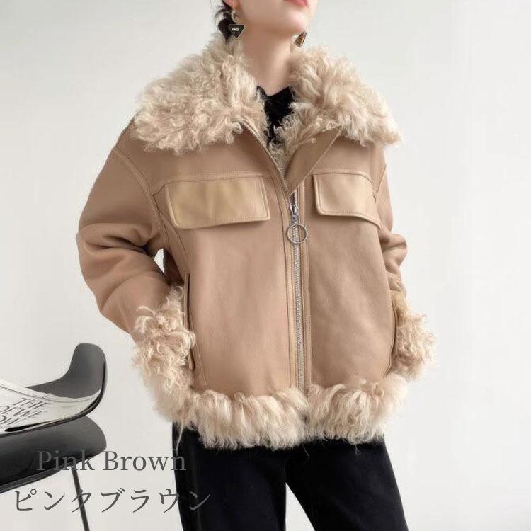 ラムムートン (Tigullio) ラムレザー ジャケット コート レディース 冬 アウター ムートン レザー 毛皮 ピンクブラウン S/M k1a21の画像