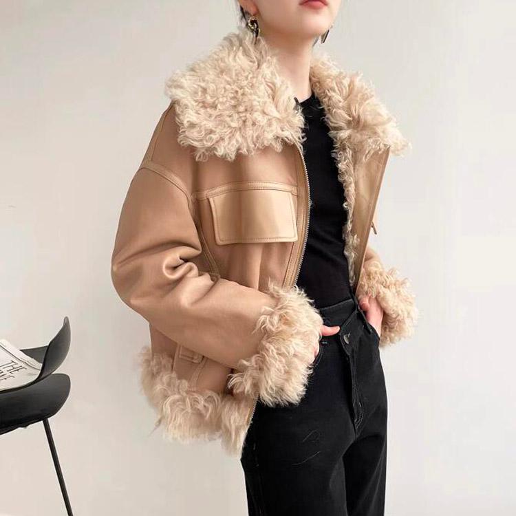 ラムムートン (Tigullio) ラムレザー ジャケット コート レディース 冬 アウター ムートン レザー 毛皮 ピンクブラウン S/M k1a21の画像
