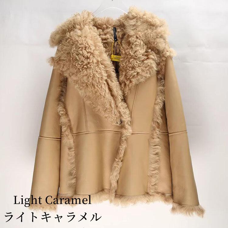 ラムムートン (Tigullio) ラムレザー ジャケット コート レディース 冬 アウター ムートン レザー 毛皮 ライトキャラメル M/L k1a24の画像