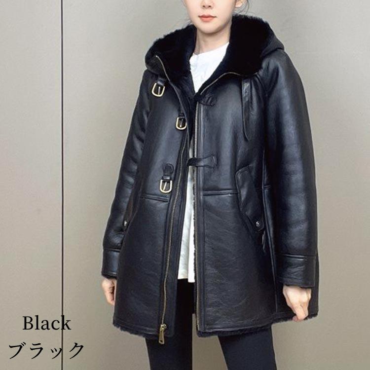 コート ラムムートン フード レディース 冬 ミドル アウター 毛皮 レザー ラムレザー ブラック/ブラウン M/L/2L k1a44の画像