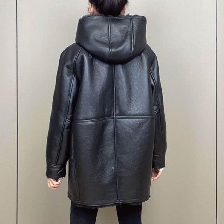 コート ラムムートン フード レディース 冬 ミドル アウター 毛皮 レザー ラムレザー ブラック/ブラウン M/L/2L k1a44の画像