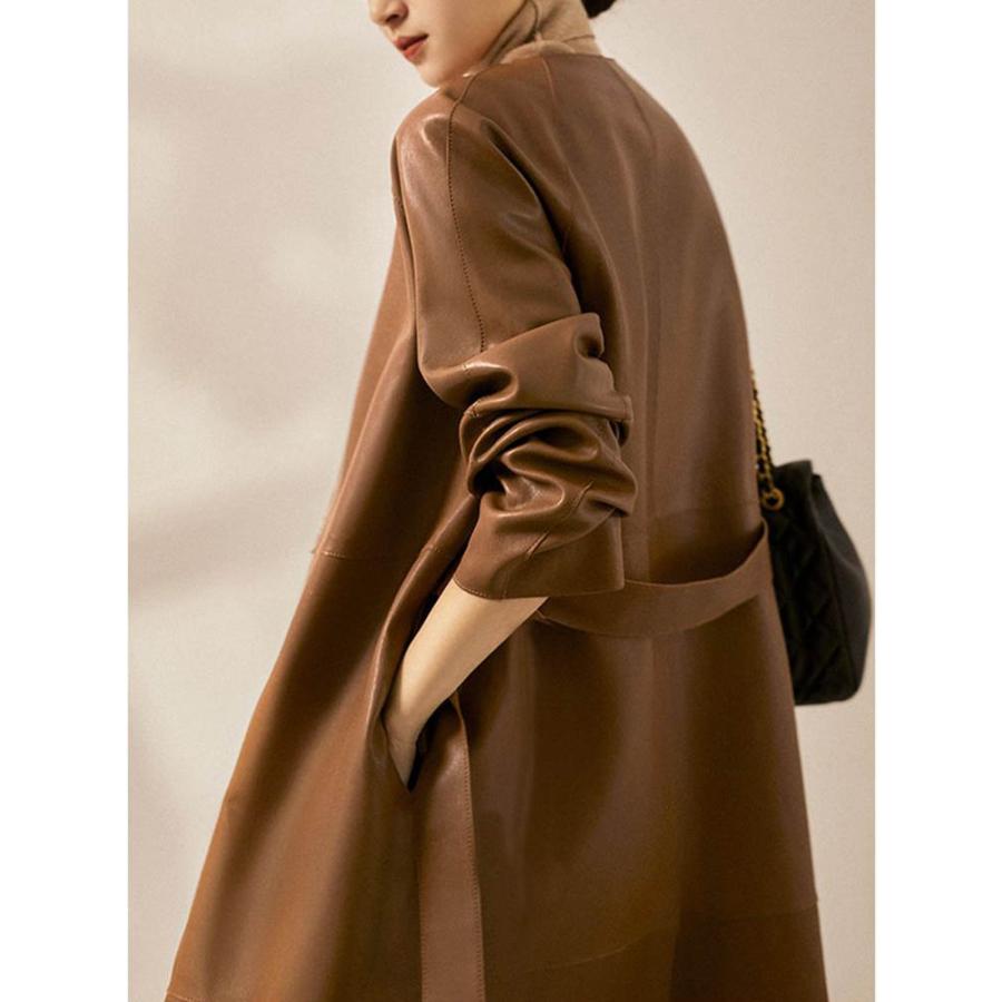 ベルト付き ラムレザーコート ノーカラー ミドル丈 レディース 秋冬