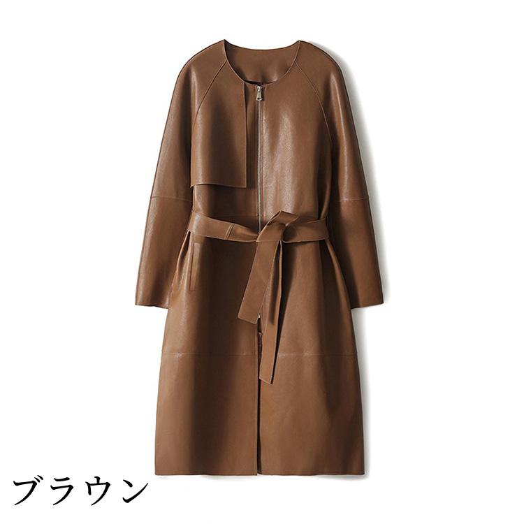 ベルト付き ラムレザーコート ノーカラー ミドル丈 レディース 秋冬