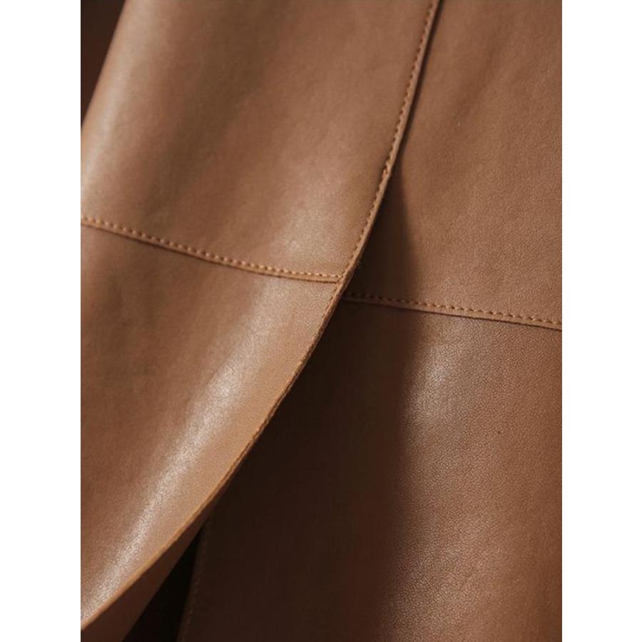 ベルト付き ラムレザーコート ノーカラー ミドル丈 レディース 秋冬