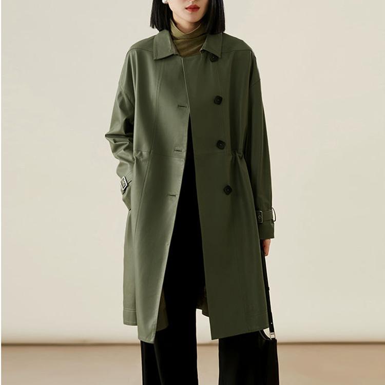 ラムレザーコート ウエスト絞り ミドル丈 レディース 秋冬