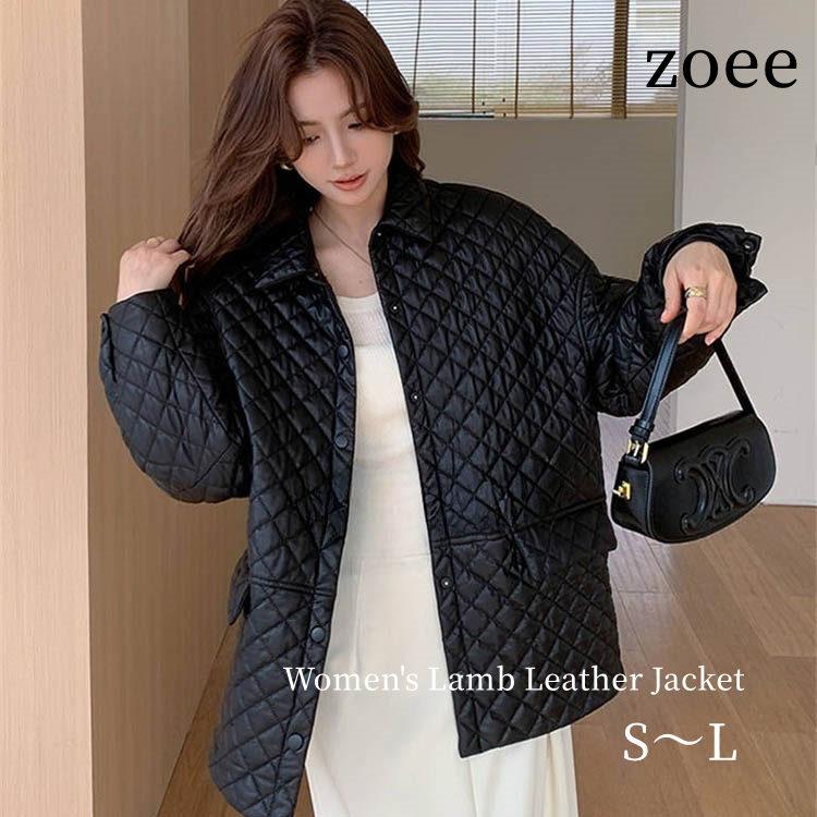 ラムレザー 中綿 キルティング レザー コート アウター 長袖 ミドル レディース 秋冬 冬物 本革 ブラック S/M/L k1b59 | 