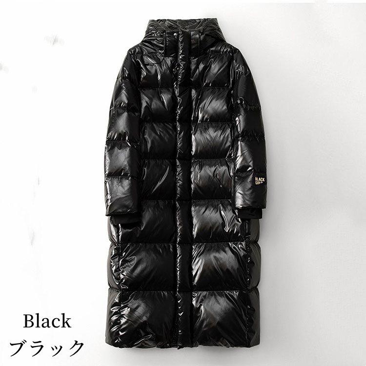 フード付き グースダウンコート リブ袖 ロング丈 レディース 冬 黒