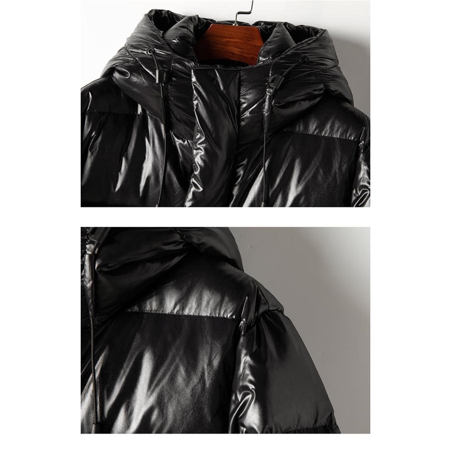 フード付き グースダウンコート リブ袖 ロング丈 レディース 冬 黒