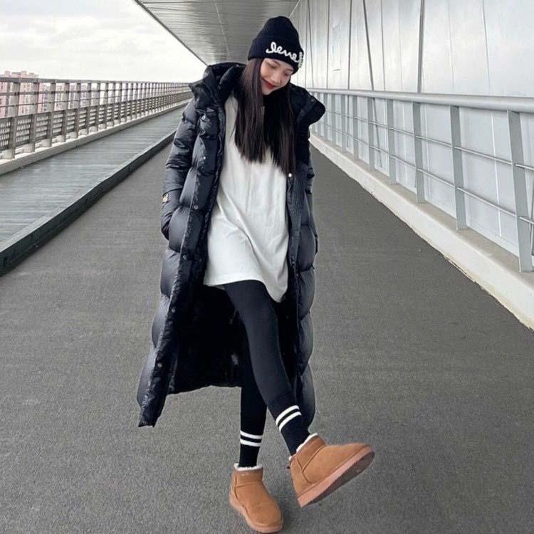 フード付き グースダウンコート リブ袖 ロング丈 レディース 冬 黒