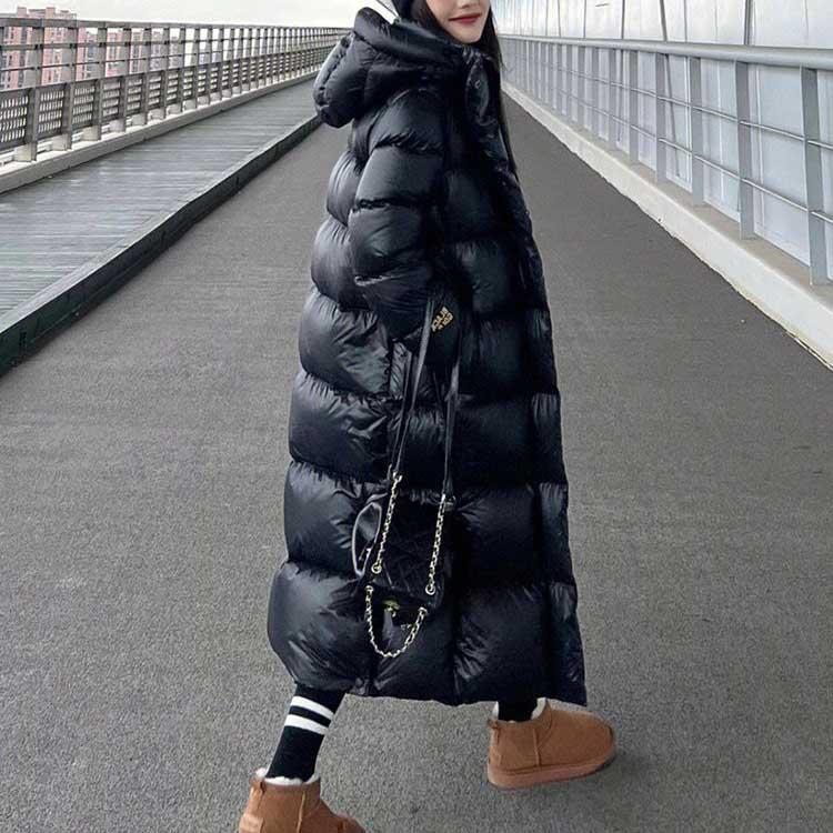 フード付き グースダウンコート リブ袖 ロング丈 レディース 冬 黒