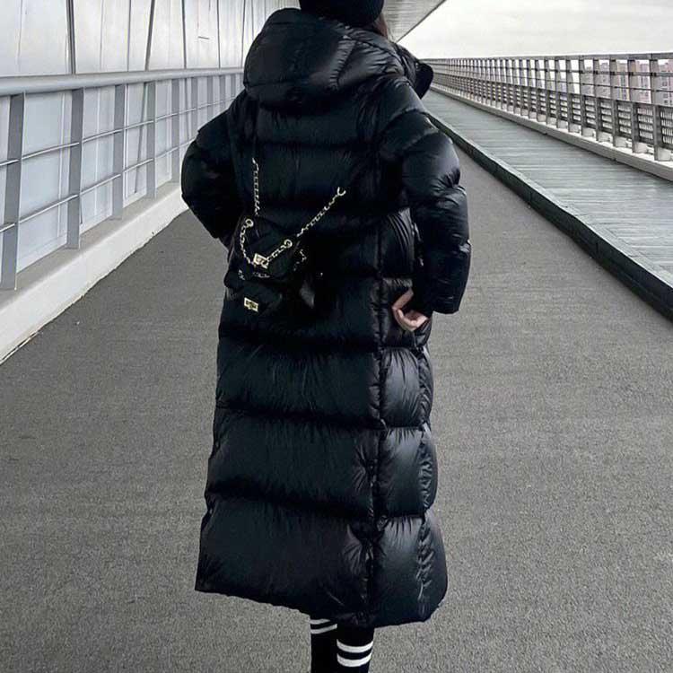 フード付き グースダウンコート リブ袖 ロング丈 レディース 冬 黒
