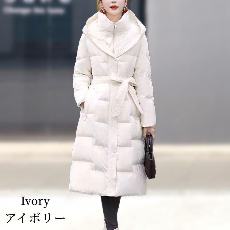 全3色 フード付き ダウンコート ベルト有り ロング丈 レディース