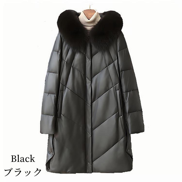 ラムレザー フォックス フード ダウン コート レディース ミドル 