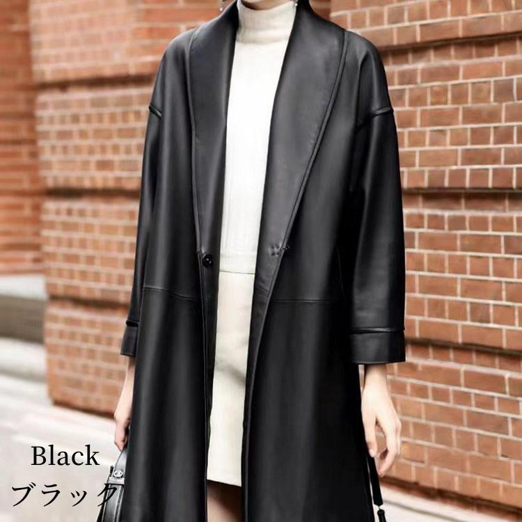 レディース　ラムレザー ノーカラーコート　羊革　ウエスト絞り可　ブラック M相当 訳あり】レザー コート アウター レディース ラムレザー 本革 ノー