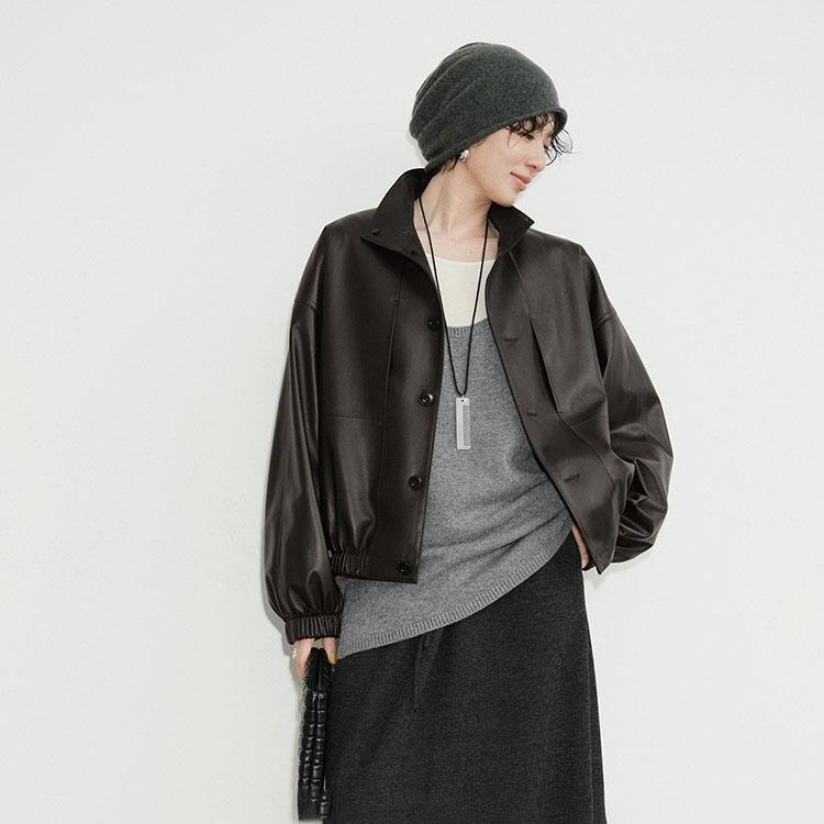 ラムレザー スタンド襟 ジャケット コート レディース ショート 本革 羊革 秋/冬 アウター ブラウン S/M l1b53 |  | 04