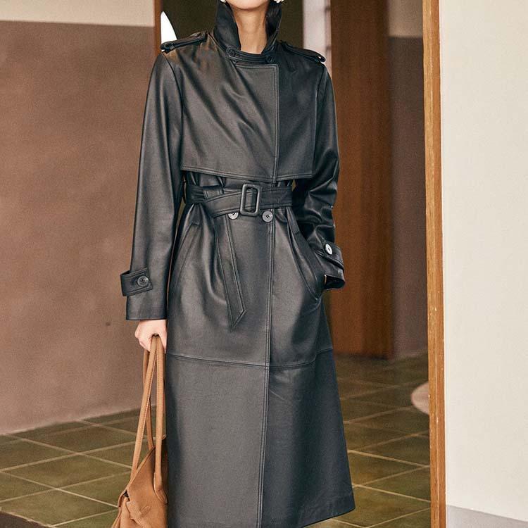 ラムレザー コート レディース ミドル ロング 本革 羊革 ベルト付き 秋