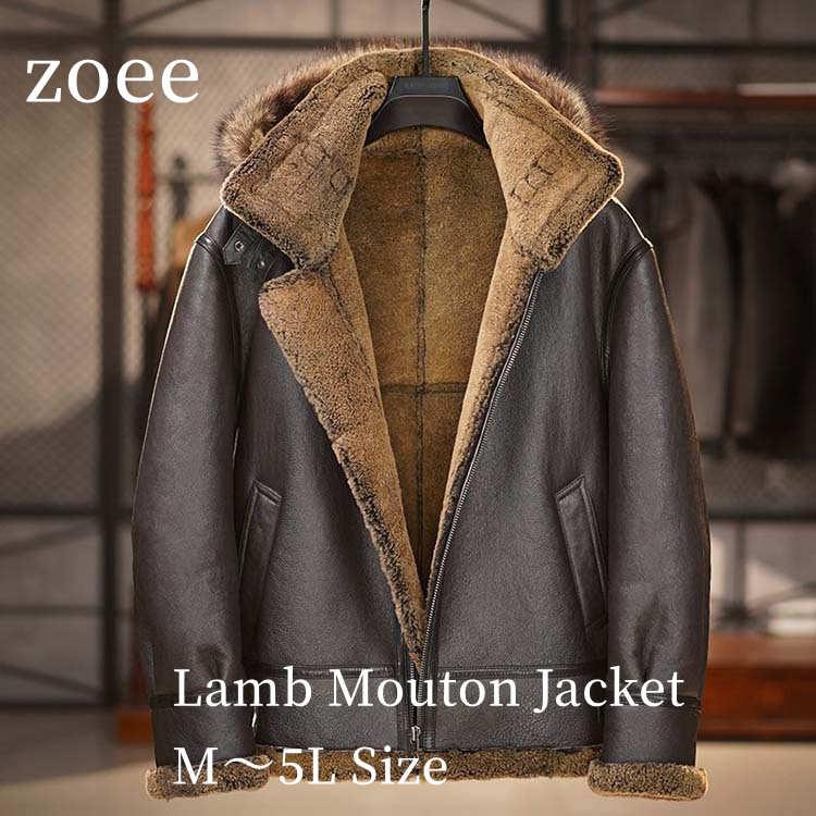 ラムムートン ラムレザー ジャケット コート ラクーンファー フード付き メンズ アウター 羊皮 本革 秋/冬 ブラウン M/L/2L/3L/4L/5L l4a10 | 