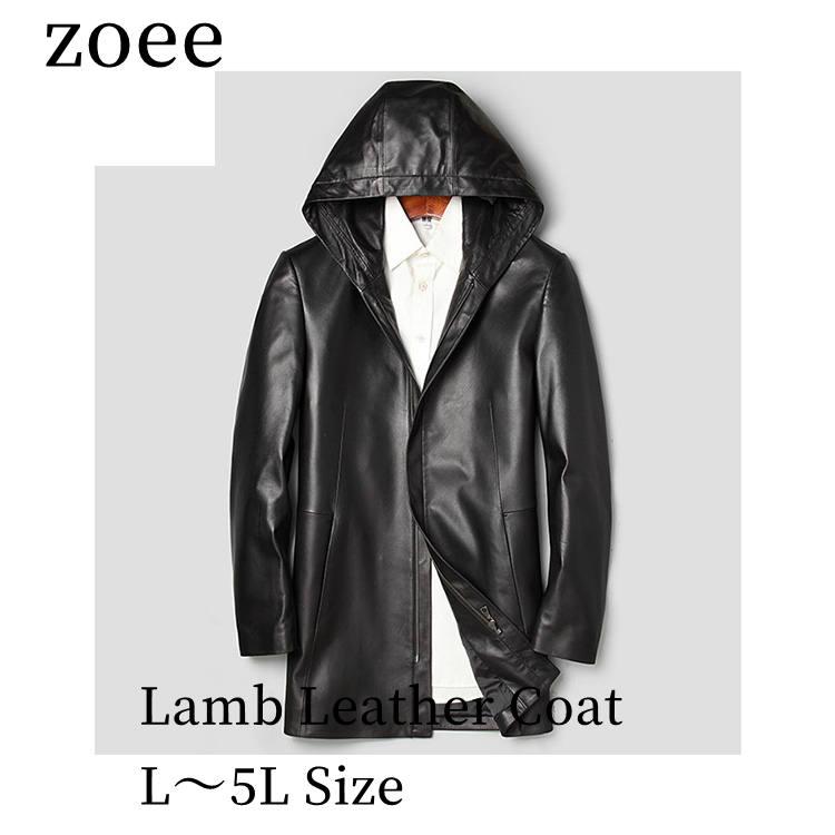 ラムレザー フード ジャケット コート 本革 羊革 メンズ 秋/冬 アウター ブラック L/2L/3L/4L/5L l4b34 | 