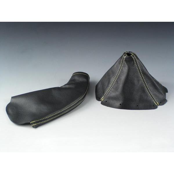 ユーノスNAロードスターシフト＆サイドブレーキブーツ本革黒/黄,ZOOM