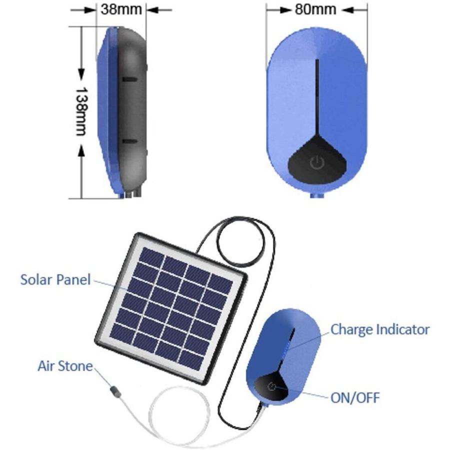 ソーラー充電式エアポンプ 太陽光充電で電源不要 Usb充電対応 ポー 充電残量表示付 弱 強 間欠モード 静音設計 高品質ソーラーパネル付属 激安アウトレット 高品質ソーラーパネル付属