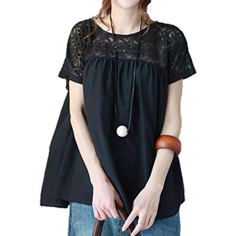 1539円 安心と信頼 ライオンガーデン Lg239 Bk S レース 花柄 トップス 半袖 カットソー 着やせ ゆったり Tシャツ ブラック 黒色 黒 くろ