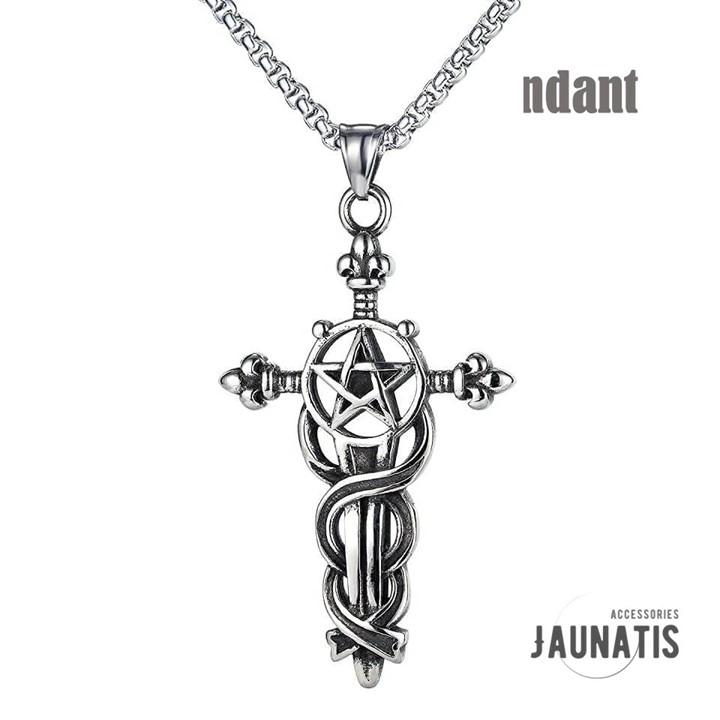 ペンダント ネックレス 五芒星 剣 十字架風 クロス ヴィンテージ風 アンティークシルバー セーターチェーン メンズ レディース 男女兼用 | 