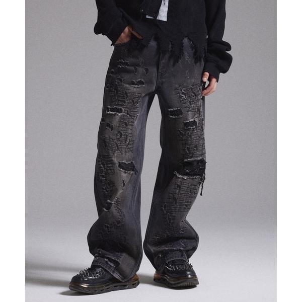 ワイドパンツ ジーンズ 「GRANCY」High Damage Straight Denim Pants / ハイダメージストレートデニムパンツ メンズ レディース