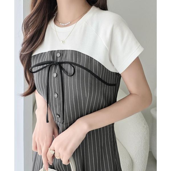 ワンピース 夏 半袖 「mily bilet」こなれ感抜群の最旬レイヤード。Tシャツレイヤード風 ストライプドッキング フレアワンピース (ロング丈)