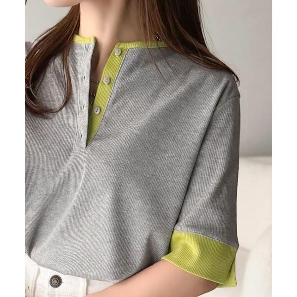 tシャツ 大人の色魅せ、軽やかに映える。ヘンリーネック袖配色切り替え半袖トップス レディース（Yahoo!・ZOZOTOWN Yahoo!店）