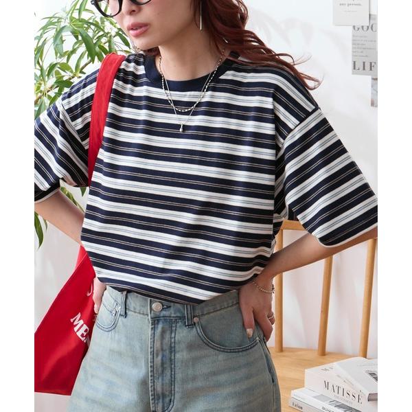 tシャツ 半袖 配色マルチボーダー オーバーサイズ 半袖Tシャツ レディース