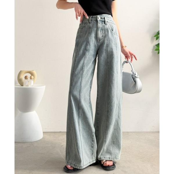 ワイドパンツ ジーンズ デニム デニムパンツ 「mily bilet」盛れるワイド、優勝シルエット。ウエストアシメデザイン切り替えラインデニムパンツ レディース