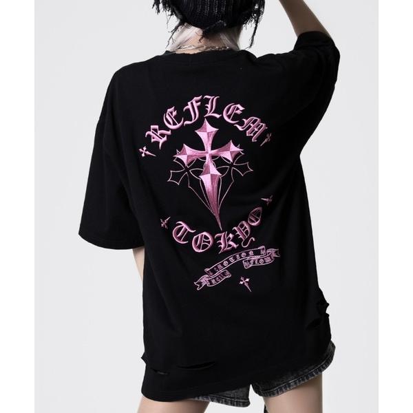 tシャツ 半袖 「REFLEM/レフレム」クロス刺繍ダメージTシャツ/ハーフスリーブカットソー レディース メンズ