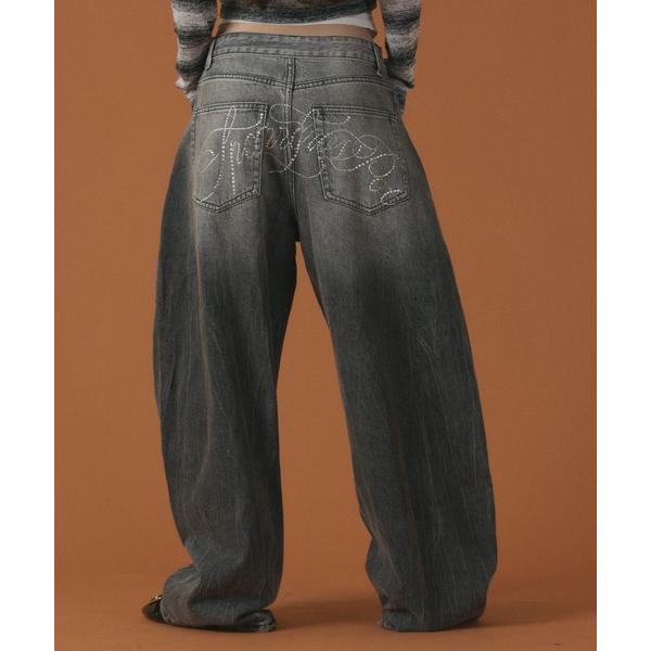 ワイドパンツ ジーンズ デニム デニムパンツ DISPARK/ラインストーンbackロゴデニム レディース