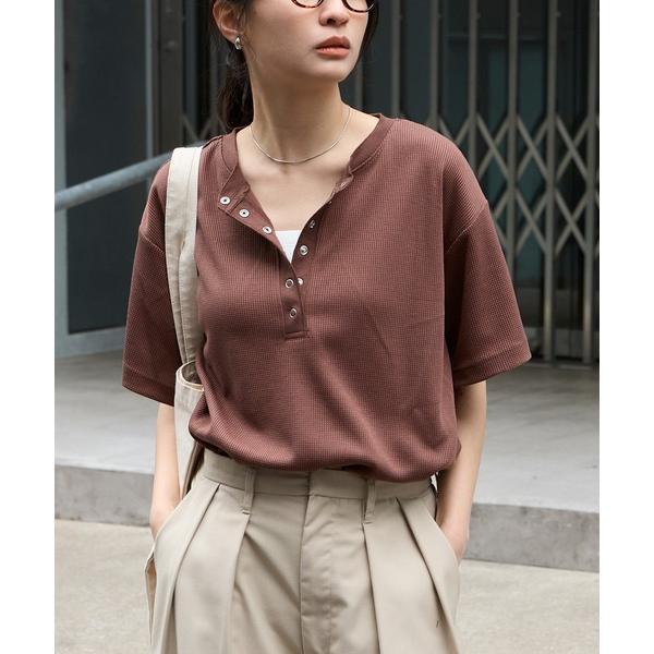 ヘンリーネック tシャツ 半袖 速乾 「anyway.シリーズ」ワッフル ヘンリーネック 優秀Tシャツ (吸水速乾・毛玉防止・イージーケア) レディース