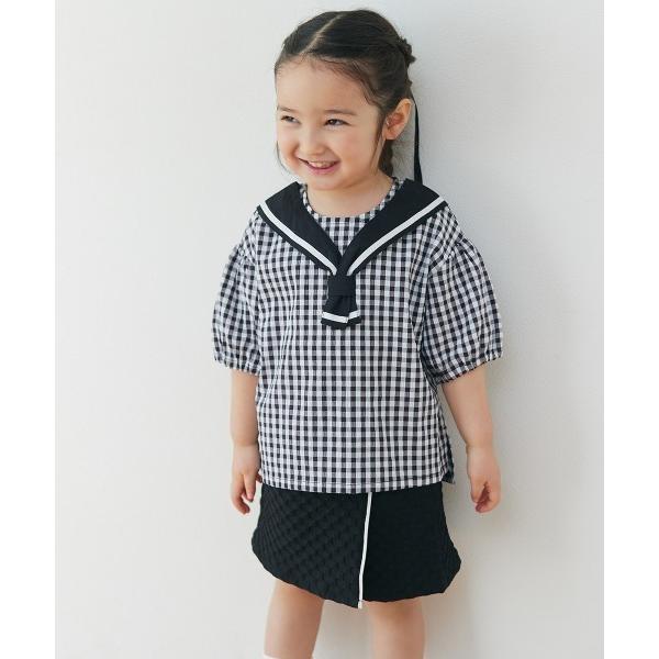 セットアップ 「セットアップ」ギンガムセーラーカラー半袖トップス＆ラップスカート風キュロットパンツ キッズ 子供服 女の子