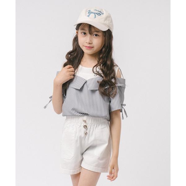 ブラウス シャツ 「2点セット」オープンショルダードッキングストライプブラウス＋フロントボタンショートパンツ キッズ 子供服 女の子