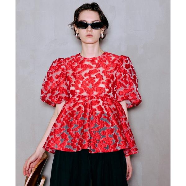 ブラウス シャツ 半袖 Sheer Flower Jacquard Blouse/シアーフラワージャガードブラウス レディース
