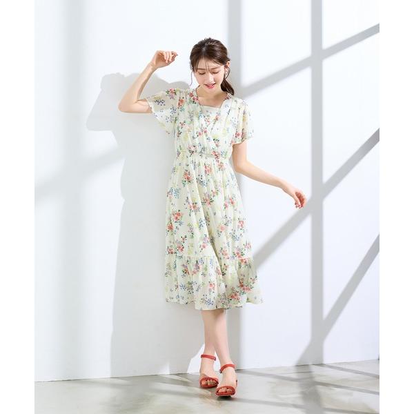 ワンピース 半袖 フラワープリントカシュクール風ワンピース
