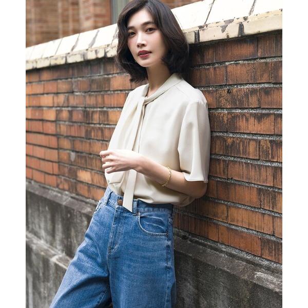 tシャツ 半袖 ストレッチジョーゼット ボウタイ ブラウス レディース