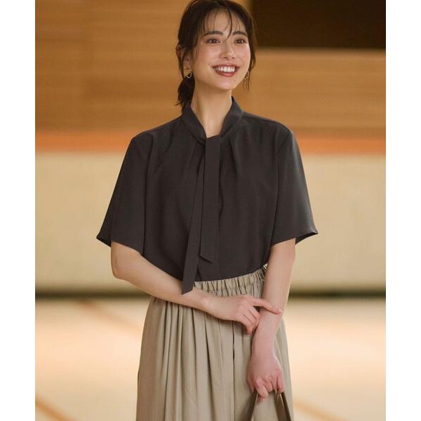 tシャツ 半袖 ストレッチジョーゼット ボウタイ ブラウス レディース
