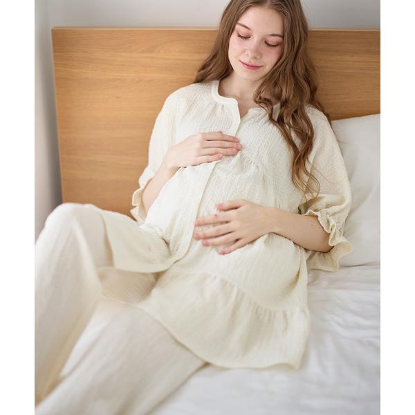 マタニティ 授乳対応 マタニティパジャマ 半袖 上下セット｜ふくれジャガード素材 産前産後対応（Yahoo!・ZOZOTOWN Yahoo!店）