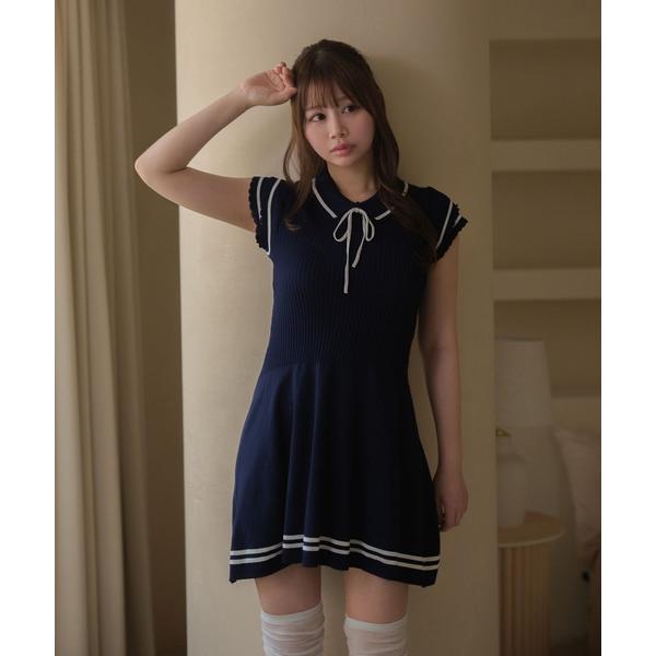 ワンピース 半袖 Frill sleeves hallie line knit mini dress / フリルスリーブハリーラインニットミニドレス