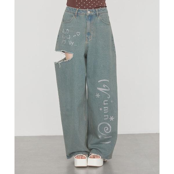 ジーンズ デニム デニムパンツ ラインストーンダメージデニムパンツ / Rhinestone Damage Denim Pants レディース