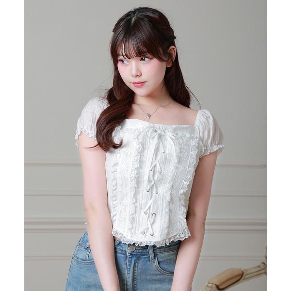 tシャツ 半袖 Anely スクエアネック レースアップ パフスリーブ ブラウス レディース