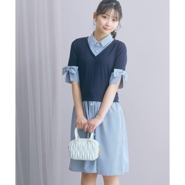 ワンピース 夏 半袖 「大きいサイズ」ストライプシャツドッキングワンピース(リボンタイ付)  marun