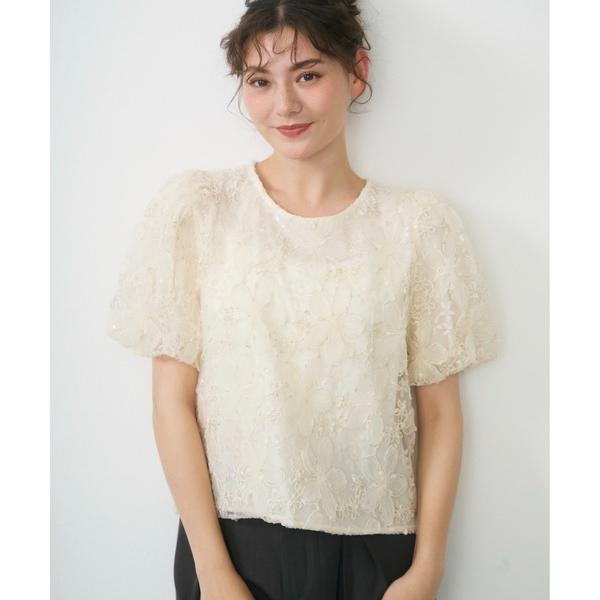 ブラウス シャツ 夏 半袖 フラワーチュールボリュームブラウス / flower tulle volume blouse レディース