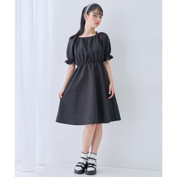 ワンピース パフスリーブ フラワー エンボス ギャザー ワンピース キッズ 子供服 女の子