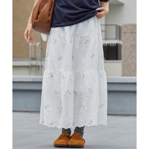 ロング スカート 夏 Floral Embroidery Lace Scallop Long Flare Tiered Skirt / 花刺繍 レース スカラップ ロング フレア ティアード スカート 小花柄 レ…